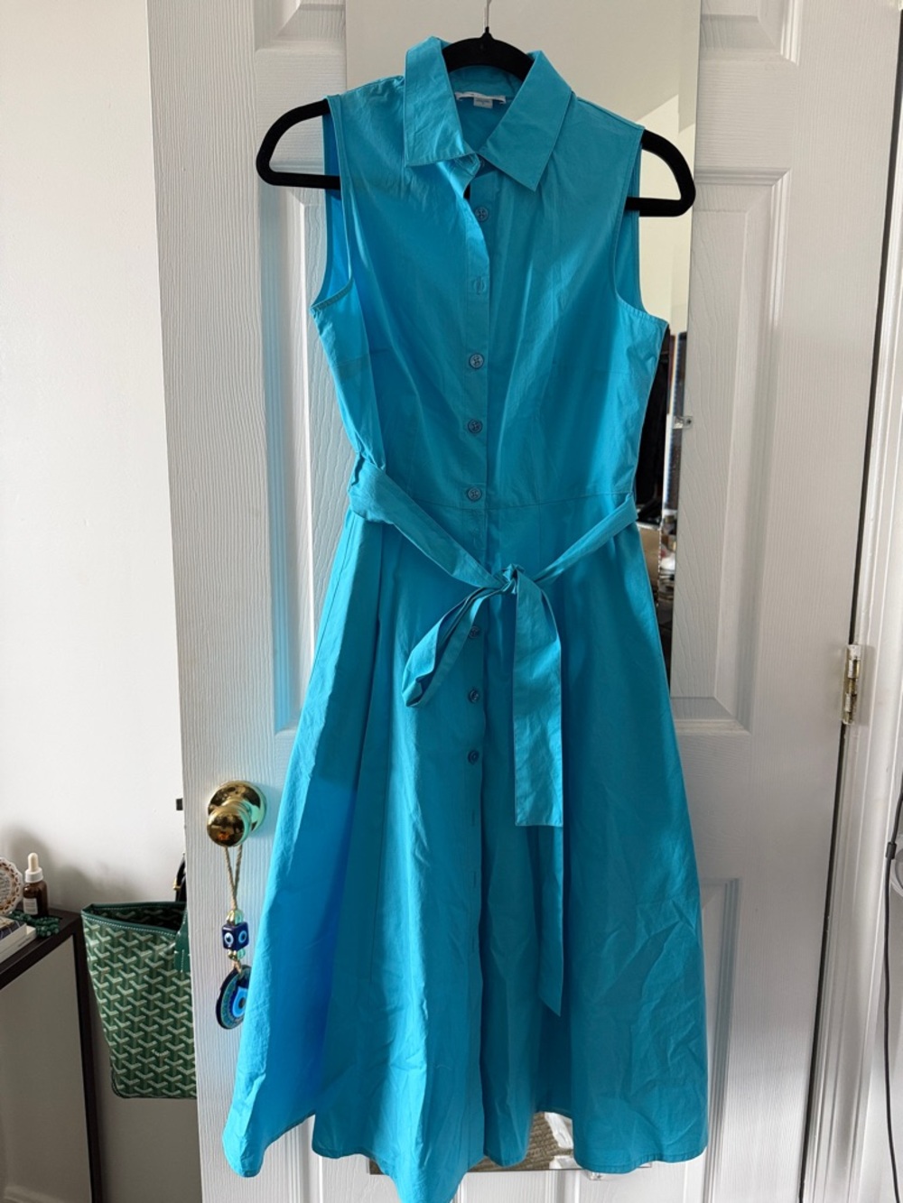 Calvin Klein Turquoise Sleeveless Button-Front Midi Dress with Waist Tie